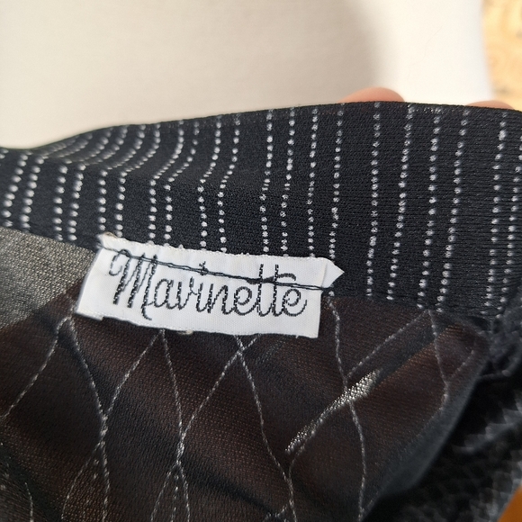 Vintage 70s Sheer Floral Striped Long Sleeve Dress Sz Medium Large Black White - Picture 7 of 7